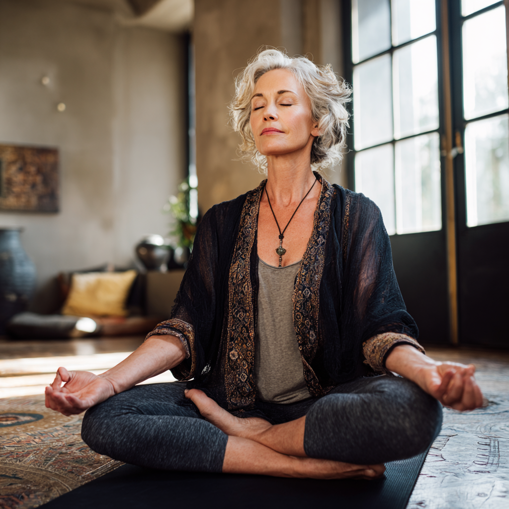50 years old woman practicing yoga meditation in peaceful studio environment